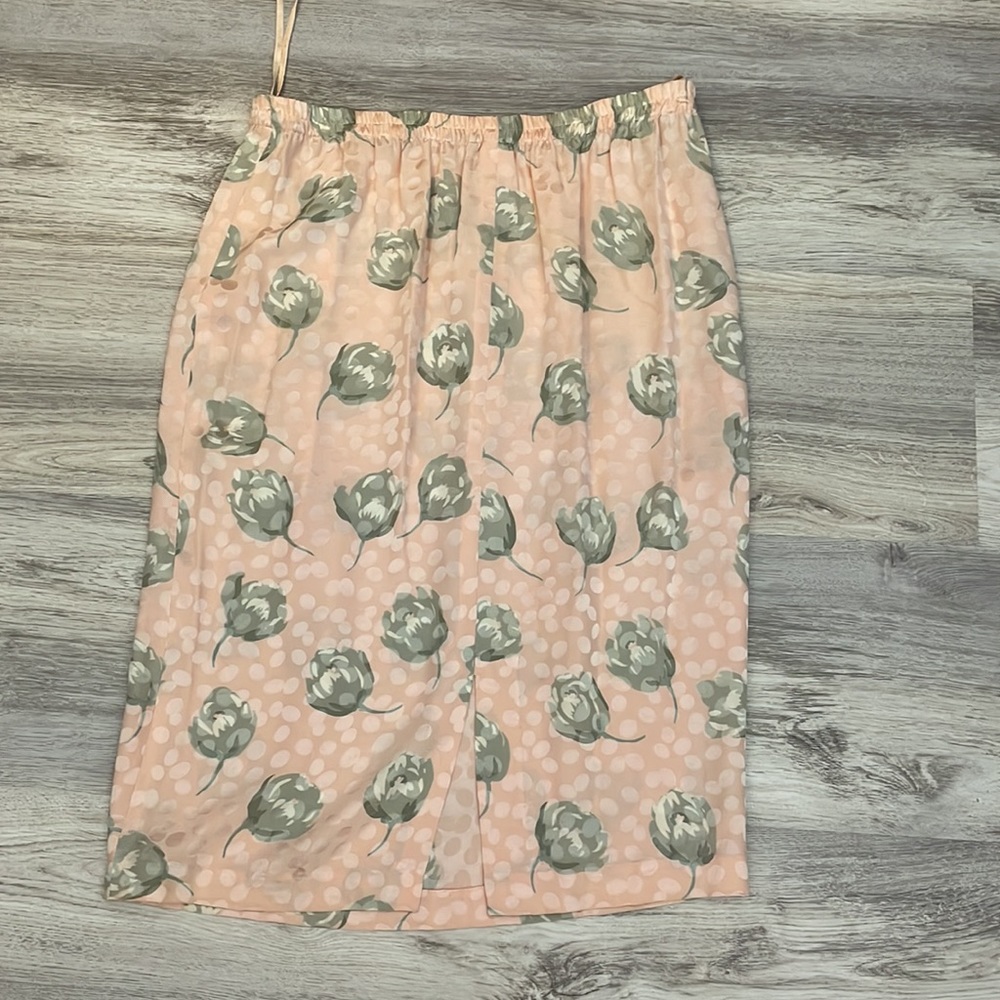 Vintage 100% Silk Pink with Pale Green Floral Elastic Waist Midi Skirt Size 12 - Picture 5 of 11